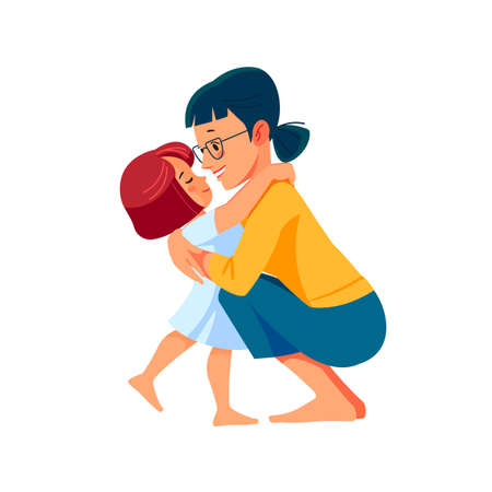 Cute little girl greeting her mother at home. Mothers day concept. Parent and child. Mom hugging her daughter with a lot of love and tenderness. Cartoon flat isolated vector designのイラスト素材