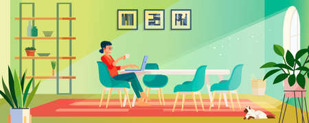Business woman drinks coffee and uses a digital tablet in the morning at home. Working mom works from home office. Freelancer workplace in cozy room. Cartoon vector illustrationのイラスト素材