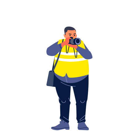 Photojournalist, cameraman documenting war and conflict, street riots. Character Journalist photographer making pictures. Cartoon flat style design vector illustration isolated on white backgroundのイラスト素材