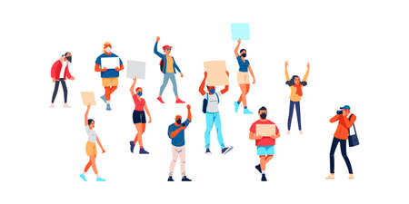 Activists with placards, peaceful rights protest, manifestation, men and women parade participation. Parade rights, adult picket and strike. People hold banners. Cartoon Flat vector illustration.のイラスト素材