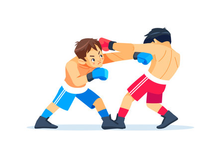 Boxing among boys. Teen boxing, kickboxing children. Children fight with these adult emotions. Popularization of sports and healthy lifestyle. Vector illustration of boxing.のイラスト素材