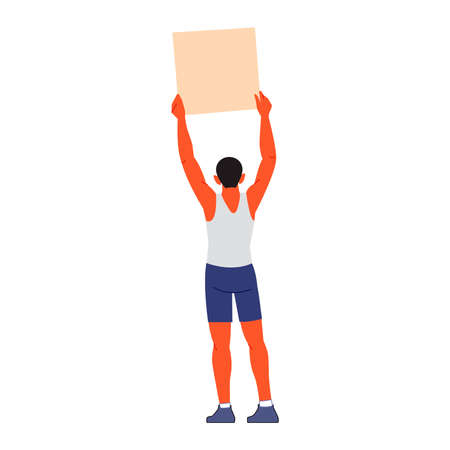 A rear view of man holding placards and placards about a global strike for climate change or a picket against human rights violations. Cartoon character of vector illustration, isolated on whiteのイラスト素材