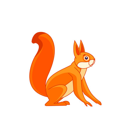 Squirrel watches curiously. Cartoon character of an rodent mammal animal. A wild forest creature with orange fur. Side view. Vector flat illustration isolated on a white backgroundのイラスト素材