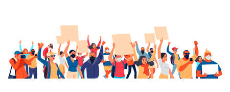 Crowd of protesting people holding banners and placards. Men and women taking part in political meeting, parade or rally. Group of male and female protesters or activists. Flat vector illustrationのイラスト素材