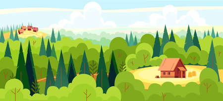 Medieval fairy tale magical landscape panorama with a village and a fairy tale characters house in the middle of a deep forest. Cartoon flat style vector illustrationのイラスト素材