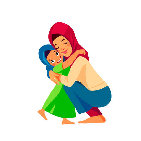 Muslim mother and child. Mom hugging her daughter with a lot of love and tenderness. Mothers day, holiday concept. Cartoon flat isolated vector designのイラスト素材