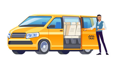Taxi driver inviting passenger get into Minibus taxi. Van car driver service. Cab Company Business. Welcome hand gesture. Vector illustration, flat design, cartoon style. Isolated backgroundのイラスト素材