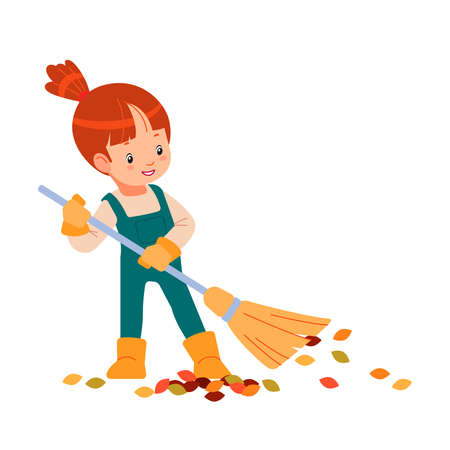 Hello spring or autumn. Little kid gardener raking leaves. Child is doing housework chores at home concept. Happy girl sweeps leaves and helps her parents in the garden. Cartoon vector illustrationのイラスト素材