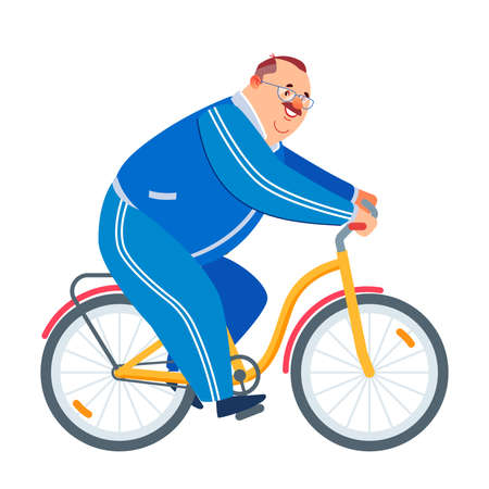 Grandfather riding bicycle park. Active old age, senior man lifestyle. Healthy senior athlete cycling. Happy fat retired man exercising while cycling. Cartoon vector illustration.のイラスト素材