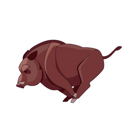 A wild boar runs and attacks. Cartoon character of an evil mammal animal. A wild forest creature with brown fur. Side view. Vector flat illustration isolated on a white backgroundのイラスト素材
