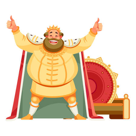 King cartoon character with a wide smile, looking at the viewer with a happy expression, showing thumbs up with both hands, achieving goals. Body language. Vector illustration isolated backgroundのイラスト素材