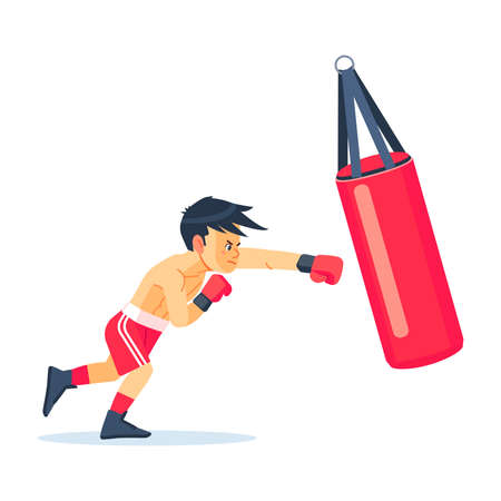 Cute boy or young boxer dressed in sportswear training with punching bag isolated on white background. Boxing workout, sports activity for children. Colorful illustration in flat cartoon styleのイラスト素材