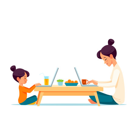 Asian woman and girl student online work and learning online video call zoom teacher, Happy girl learn english language online with laptop stay home. Social distancing. Cartoon vector illustrationのイラスト素材