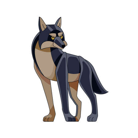 Black Wolf Leader is watching. Cartoon character of a dangerous mammal animal. A wild forest creature with dark fur. Side view. Vector flat illustration isolated on a white backgroundのイラスト素材