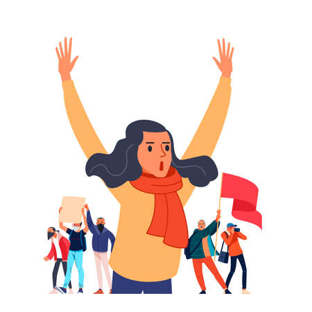 A young female leader shouts and raises her hands, supporting the protests against a backdrop of...