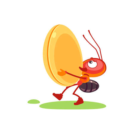 The ant can hardly carry large food to the anthill. Cartoon character design vector illustration isolated on white backgroundのイラスト素材