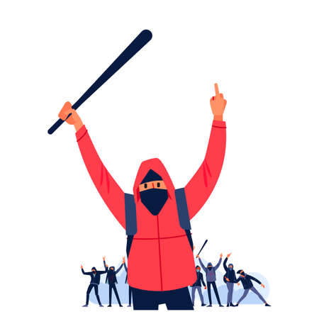Protests of young people show the middle finger fuck you sign. Demonstrate the concept of picket strikes. Youth against the city. Cartoon flat design vector illustration isolated on white backgroundのイラスト素材