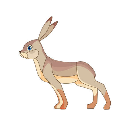 The European hare, also known as the brown hare, standing. Gray fluffy fur, long ears, big blue eyes. Scene from wild. Cartoon character vector flat illustration isolated on a white backgroundのイラスト素材