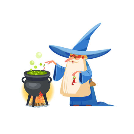 Wizard. Mysterious male magician in robe spelling oldster merlin vector cartoon characters. Sorcerer character in costume, spell magician, witchcraft and magical illustration.のイラスト素材