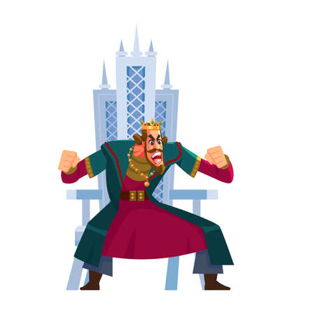 Angry king shouting character sits on the throne. Anger emotion, in rage, emoji, emoticon. Tyrant, Emperor, Monarch, ruler, medieval king. Cartoon Flat style vector illustration.のイラスト素材
