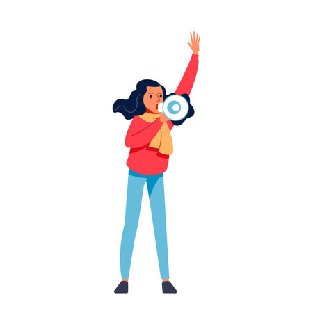Female activist shouting on a megaphone. Young woman with raised hand shouting through loudspeaker while being on protest. Cartoon flat style character vector illustration isolated on whiteのイラスト素材