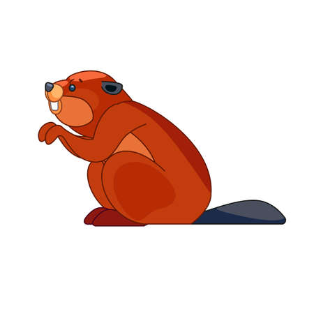 Beaver builds a dam. Cartoon character of a small mammal animal. A wild forest creature with brown fur. Side view. Vector flat illustration isolated on a white backgroundのイラスト素材