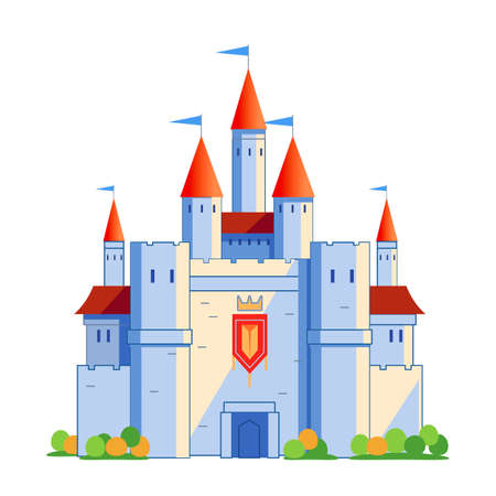 Medieval fairy-tale castle with red towers and blue flags. Cartoon vector illustration isolated on white background.のイラスト素材