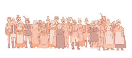 Medieval crowd people. A collection of cute funny male and female characters for a fairy tale background. Muted color vector illustration in a flat cartoon style, isolated on a white backgroundのイラスト素材