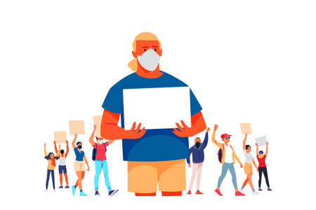 Protester man holding empty banner. Activist protesting, political meeting, strike human rights. Parade, picket and strike. Cartoon character flat style vector illustration isolated on whiteのイラスト素材