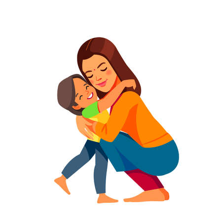 Indian woman Mother and child. Mom hugging her son with a lot of love and tenderness. Mothers day, holiday concept. Cartoon flat isolated vector designのイラスト素材