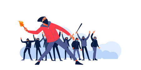 Man with Molotov cocktail on the streets of the city against the background of aggressive teenage protesters in a mask and hood, holding and raising their fists. Flat characters vector illustrationのイラスト素材