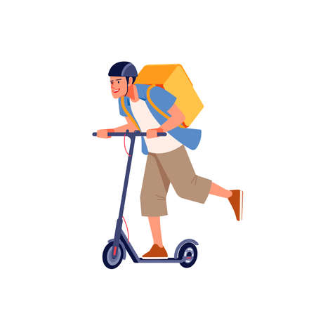 Delivery man on helmet riding electric kick scooter carrying thermal box. Portrait of young cheerful courier delivering food or parcel. Fast delivery service concept. Vector illustration flat styleのイラスト素材