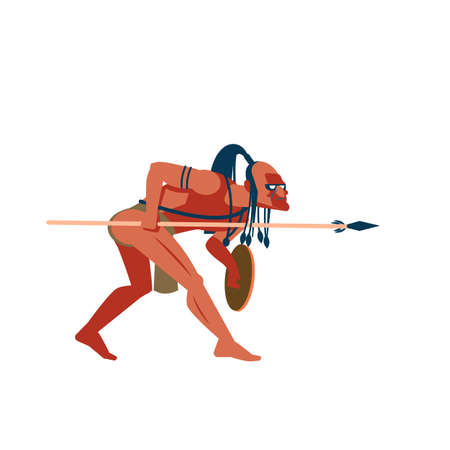 Hunter native people of African tribes, Australian and American aboriginal set, tribe member in traditional clothing with a spear and shield in his hands. Vector Illustrations on a white background.のイラスト素材