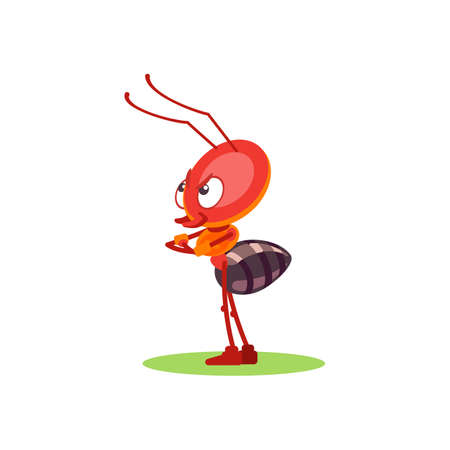 The angry ant stands in thought. Cartoon character orange insect vector illustration isolated on white backgroundのイラスト素材