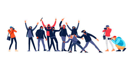 Hooligans, Protesters throws stones toward police during street riots. Photographers or paparazzi taking photo. Journalists, reporters making pictures battle. Cartoon flat style vector illustrationのイラスト素材