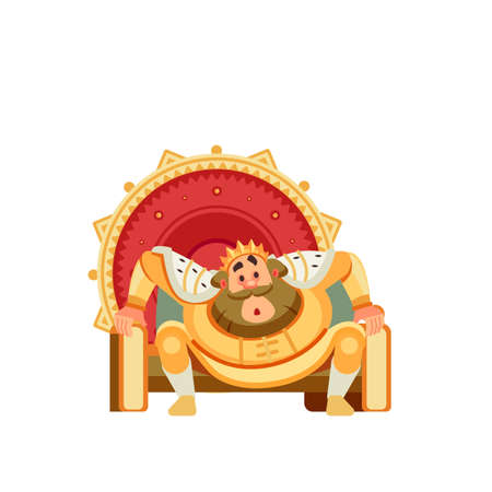 Surprised king character sits on the throne. Astonished stunned, amazed, bewildered, puzzled, smitten. Emperor, Monarch, ruler of the medieval king. Cartoon flat style vector illustration.のイラスト素材