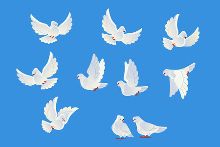 White doves. Beautiful pigeons faith and love symbol. Cartoon style. Isolated on blue background. Vector illustration.のイラスト素材