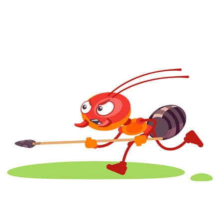 Ant soldier character in a fighting pose screams and runs to attack. Cartoon flat design vector illustration isolated on white backgroundのイラスト素材