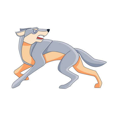 Wolf runs away. Cartoon character of a dangerous mammal animal. A wild forest creature with gray fur. Side view. Vector flat illustration isolated on a white backgroundのイラスト素材