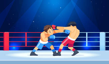Professional Boxing among boys on ring. Teen boxing, kickboxing children on arena. Kids fight with these adult emotions. Concept of sports and healthy lifestyle. Cartoon vector illustrationのイラスト素材