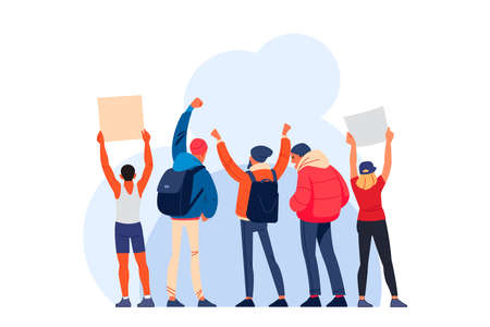 A rear view of people holding placards and placards about a global strike for climate change or a picket against human rights violations. Cartoon characters of vector illustration, isolated on whiteのイラスト素材