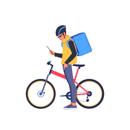 Man courier using a map app on mobile phone to find the delivery address. Bicycle delivery food service at home. Courier Using Cellphone Delivering Food From Restaurants. Flat vector illustration.のイラスト素材