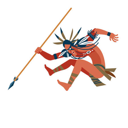 Wild american indian warrior ran to attack its prey. Unusual savage costume, jewelry, makeup combat and spear in hand. Cartoon, flat vector illustration isolated white backgroundのイラスト素材