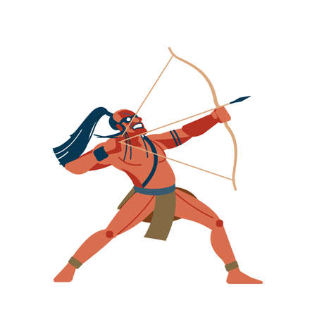 Archer-native African tribes, Australian and American aboriginal set, a member of the tribe in traditional dress with a spear and shield in his hands. Vector illustration on white background.のイラスト素材
