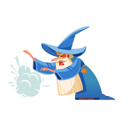 Angry small Sorcerer. Mysterious male magician in robe spelling oldster merlin vector cartoon characters. Wizard character in costume, spell magician, witchcraft and magical vector illustration.のイラスト素材