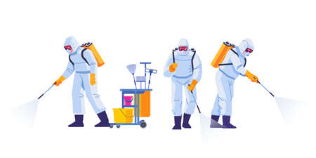 Home disinfection by cleaning service. People in virus protective suits and mask disinfecting buildings of virus with the sprayer. Cartoon flat style illustration isolated on a white backgroundのイラスト素材