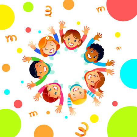 Happy Friendship Day greeting card illustration of diverse children group circle lifting hands above from top view angle. Friend love concept for special event celebration. Cartoon vector illustrationのイラスト素材