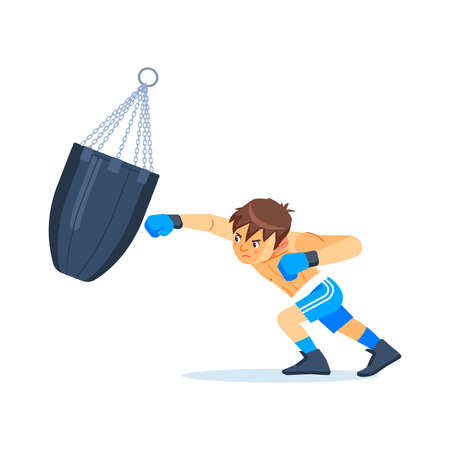 Teenager boy or young boxer dressed in sportswear training with punching bag isolated on white background. Boxing workout, sports activity for children. Colorful illustration in flat cartoon styleのイラスト素材