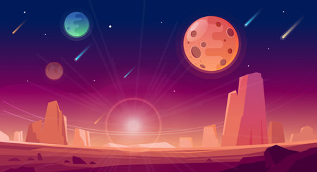 Space and planet landscape background. Planets surface with craters, stars and comets in dark space. Vector cartoon illustration. Space sky with planet and satellite.のイラスト素材