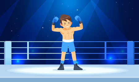 The boy champion boxer enjoys his victory in the ring lights. Professional boxing among young guys. Cartoon vector illustrationのイラスト素材